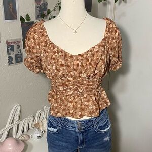 Chic Floral Ruffle Blouse in Brown